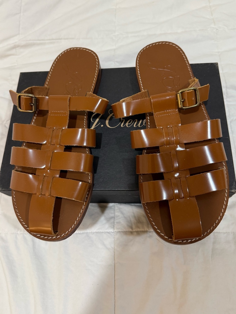 J. Crew Fisherman Strappy Slide Sandals in Spazzolato Shiny Leather